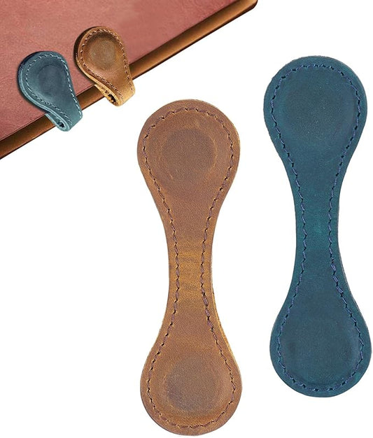 Leather Magnetic Bookmarks,2 Pcs Personalized Vintage Bookmarks Page Markers Convenient Book Marker Clip Gift for Book Lover Readers Men Women Kids Data Cable Organization (Blue+Light Brown)