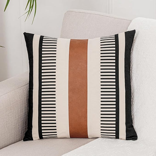 Farmhouse Stripe Pillow Cover 18x18 Boho Accent Cushion Case Faux Leather Decorative Pillowcase,Black and Beige (Cover ONLY, Pack of 1)