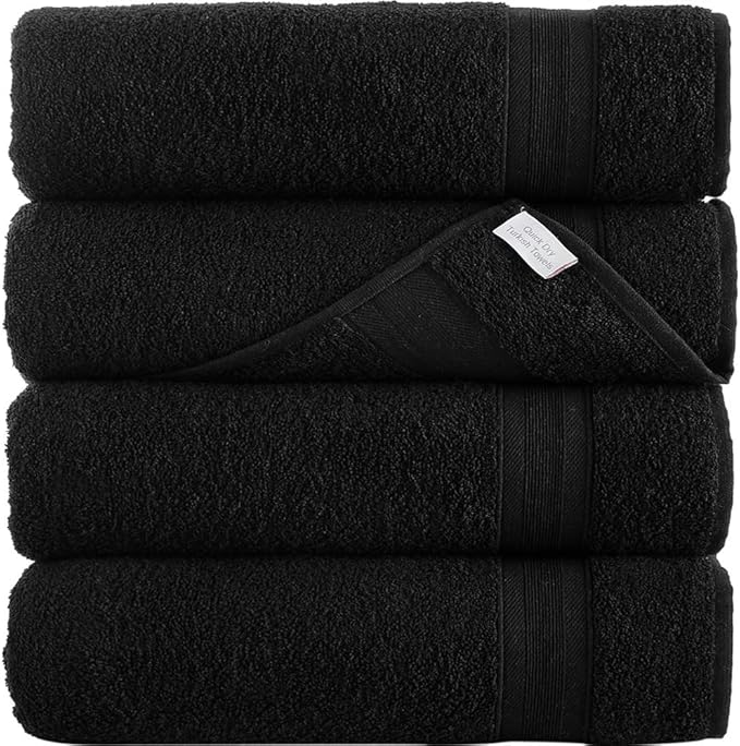 Quick-Dry, Soft & High Absorbent Bath Towels 27"x54" Cotton Turkish Bath Towel Set of 4 | Daily Use 100% Cotton Towels for Bathroom, Gym & More | Bathroom Towels Set (4 Pcs, Black)