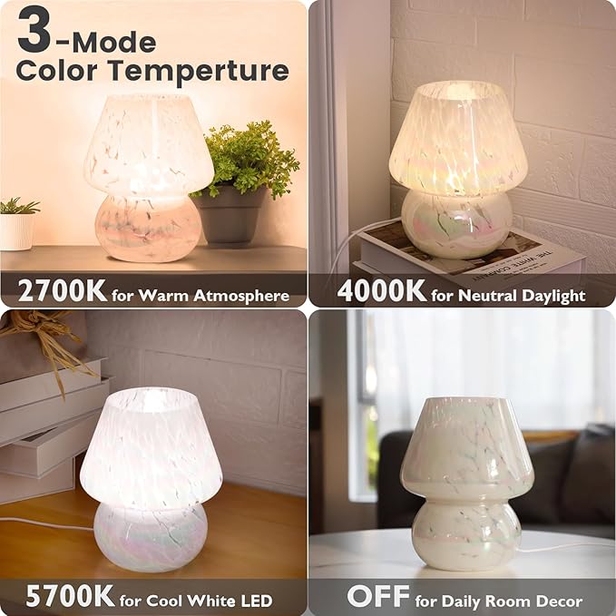 USB Plug-in Mushroom Lamp Small Bedside Table Lamp with 3 Temperature LED Bulb, Free Dimming Nights Light for Bedroom/Living Room/Entryway/Corner Decor or New Home Gift(Rainbow White)