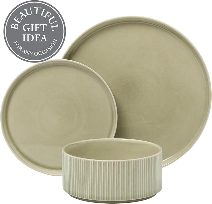 Gibson Elite Solana Coast 12 Piece Stoneware Reactive Glaze (Service for 4) Ceramic Plates and Bowls Modern Shape Embossed Dinnerware Set - Green