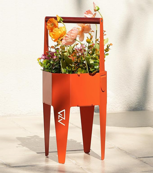Planter with Stand, Metal 2 in 1 Portable Planter with Grow Bags & Handle, Stable Stylish Indoor Plant Pots with Stand, Modern Flower Pot Outdoor, 7.5'' x 17.3'', Orange, Plant Not Included