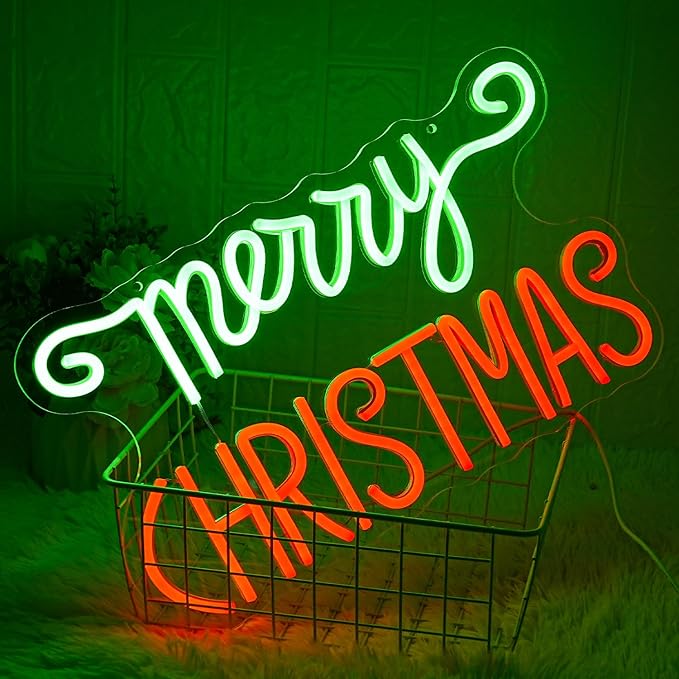 Merry Christmas Neon Signs Red Green Merry Christmas Neon Light Dimmable Neon Light with Switch Novelty Lighting for Wall Decor Christmas Party Kids Room New Year Wedding Birthday Party