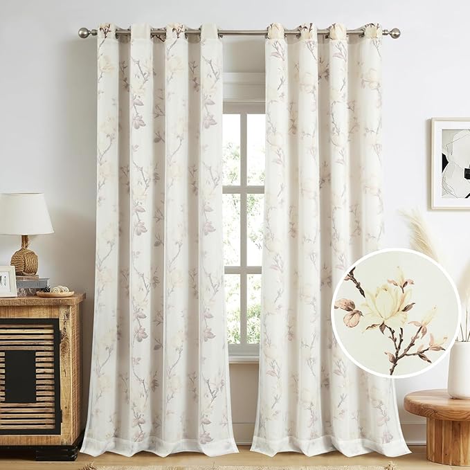 VOGOL Beige Blackout Curtains with Tulle Overlay, 2 Layered Flower Print Cloth Curtain Privacy Drapes for Living Room, Grommet Window Treatment for Bathroom, 52 x 96, 2 Panels