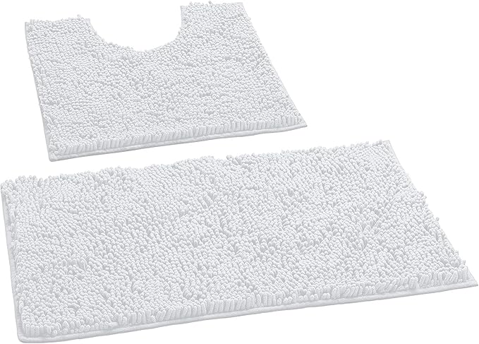 LuxUrux Bathroom Rugs Sets 2 Piece: Quick Dry, Soft Plush Anti-Slip, Super Absorbent. Includes Rectangular (31x20 inches) & U-Shaped Toilet Mat (20x20 inches) | White