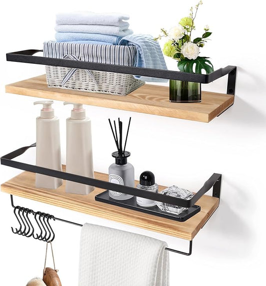 AGM Floating Shelves, Bathroom Shelf Set of 2, Wall Storage Shelf with Towel Bar & 8 Hooks, Wall Mounted Shelves for Bathroom, Bedroom, Kitchen, Living Room Decor
