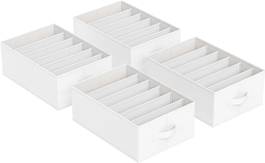 SONGMICS Set of 4 Large Size Wardrobe Clothes Organizers, 6-Compartment Foldable Drawer Organizers with Handles, 16.5 x 11.8 x 6.7 Inches, for Pants, Sweaters, Jeans, Cloud White URUS009W04