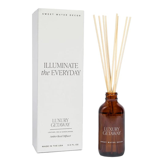 Sweet Water Decor Luxury Getaway Reed Diffuser Set - Room Diffuser with Leather, Amber & Musk Scent - Hotel Scent Diffuser Lasts for 4 Months - Home Diffuser with Premium Fragrance Oils