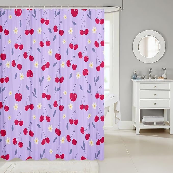 Feelyou Cherry Fabric Shower Curtain Fruits Shower Curtain for Kids Boys Girls Green Leaves Bathroom Waterproof Accessories with 12 Hooks Light Purple and Red Curtains,72X78 Inches