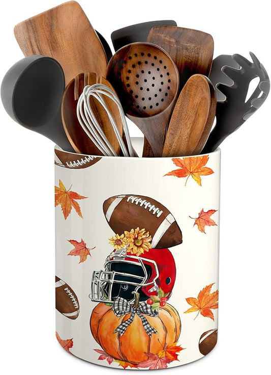 pinata Fall Football Kitchen Decor Ceramic Utensil Holder, Farmhouse Fall Football Pumpkin Utensils Holder, Ceramic Utensils Crock for Rustic Indoor Kitchen Decorations(6.3 Inches)