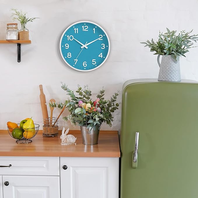 Wall Clock, 10 Inch Silent Wall Clocks Battery Operated-Modern Non Ticking Analog Clock Decorative for Kitchen Bedroom Office Bathroom(Blue)