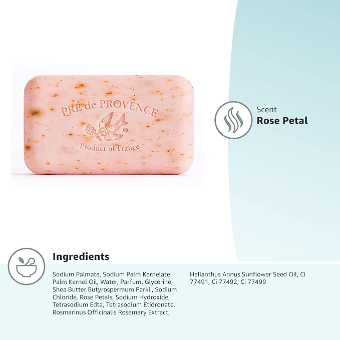 Pre de Provence Artisanal French Moisturizing Soap Bar, Shea Butter Enriched, Quad Milled for Long Lasting Rich Smooth Lather, 5.3 Ounce, Rose Petal