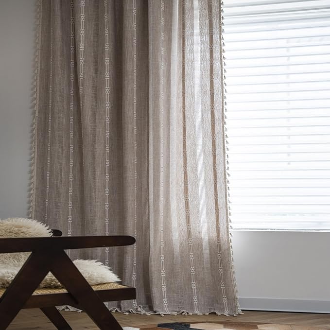 ColorBird Boho Linen Curtains 63 Inch Length, 2 Panels Set Farmhouse Living Room Curtains, Embroidered Striped Tan Boho Drapes for Bedroom Nursery Office