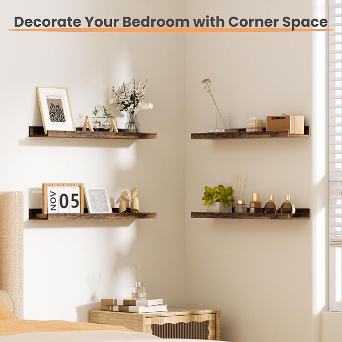 upsimples Floating Shelves for Wall, Wall Shelves for Decor Storage Set of 6, Wall Mounted Wood Shelves for Bedroom, Living Room, Bathroom, Kitchen, 23.6 inch Long Picture Ledge Shelves, Brown