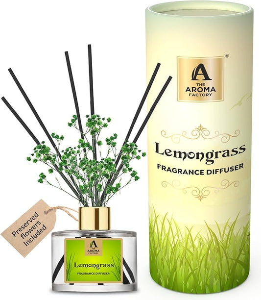 The Aroma Factory Fragrance Reed Diffuser Set with Natural Essential Oil, Aroma Sticks & Real Preserved Flowers | Luxury Home Decor Scent (Lemongrass, 1 Pack)