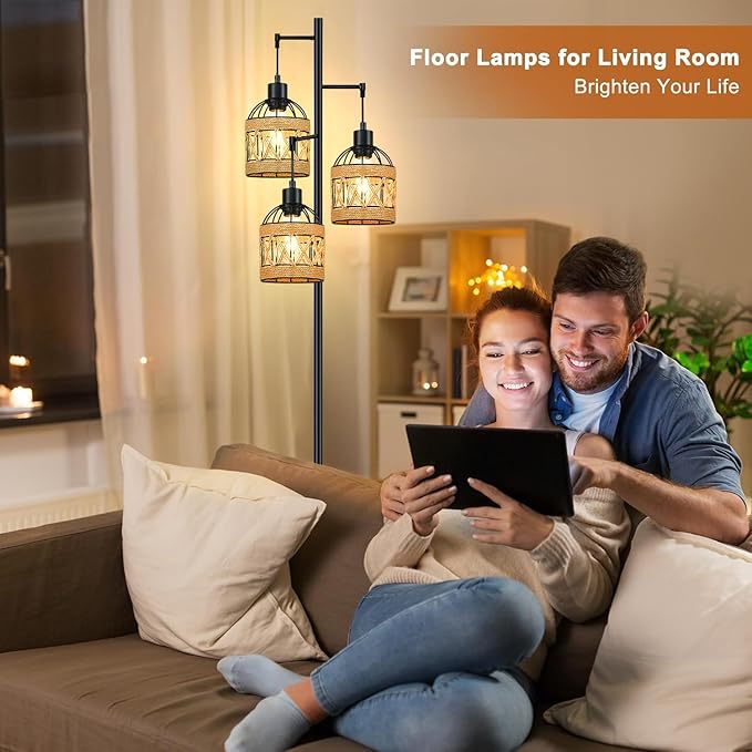 Floor Lamp for Living Room,Bedroom,3-Lights Boho Rattan Tree Floor Lights,Industrial Black Farmhouse Standing Lamp Wicker Rustic Tall Lamp,Woven Bamboo LampShade Floor Lamps Bohemian