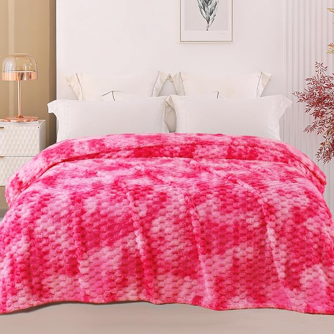 Exclusivo Mezcla Twin Size Soft Fleece Blanket, 60x80 Inches Stylish Jacquard Velvet Blanket for Bed, Fuzzy Cozy Lightweight for All Season, Tie-dye Hot Pink