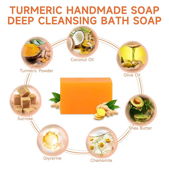 3 PCS Turmeric Soap Bar, Organic Turmeric Bar Soap for Face & Body Cleansing, Handmade Bath Soap Deeply Cleanse Smooth Skin Moisturizing Soothing, For All Skin Types, Men and Women