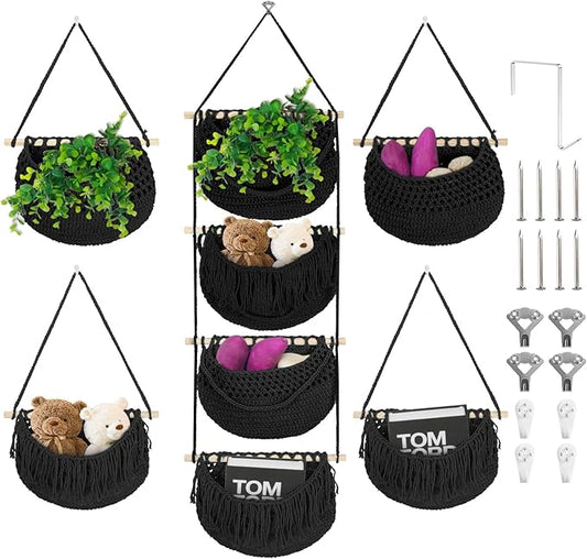 4 Tier Hanging Fruit Basket for Kitchen, 4 Pack Detachable Cotton Crocheted Wall Hanging Baskets Shelf Over Door Organizer for Fruit Veggie Plant, Hanging Storage Basket for Bathroom Bedroom(Black)