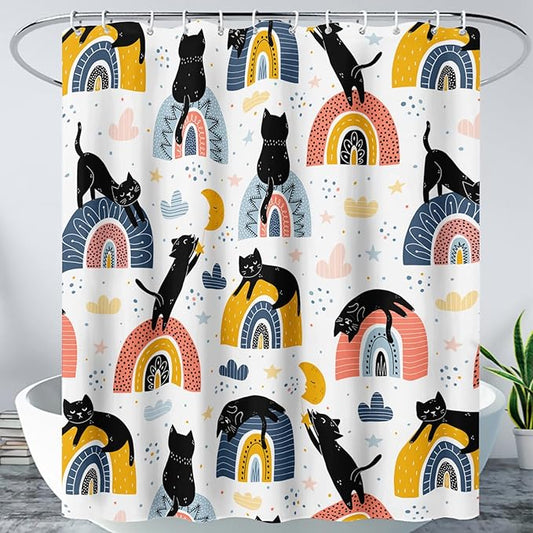 AILONEN Cat Shower Curtain, Rainbow Cat Bath Curtain,Cute Black Cat Bathroom Curtain Decor,Cat Lover Polyester Waterproof 72" W*96" H Shower Curtain (12 Hooks)