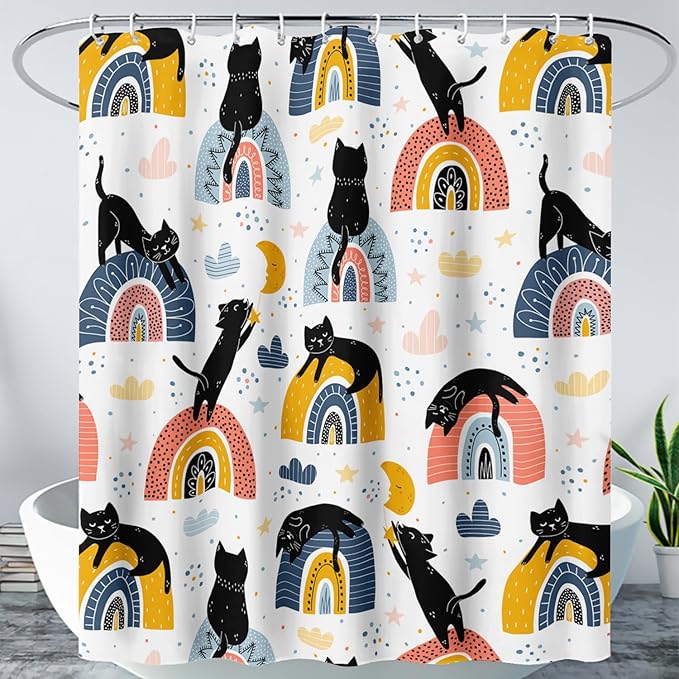 AILONEN Cat Shower Curtain, Rainbow Cat Bath Curtain,Cute Black Cat Bathroom Curtain Decor,Cat Lover Polyester Waterproof 48" W*72" H Shower Curtain (12 Hooks)