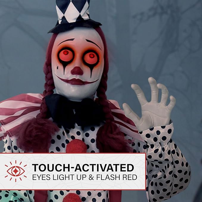 Haunted Hill Farm Life-Size Scary Talking Clown Girl, Creepy Halloween Prop with Touch Activated Lights, Poseable, Battery Operated Indoor or Covered Outdoor Halloween Decorations