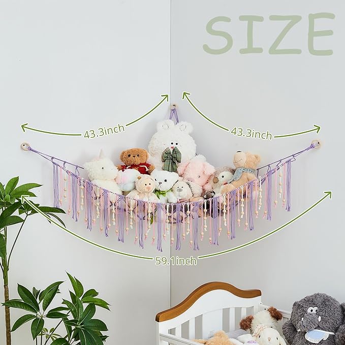 Pretty Jolly Stuffed Animal Storage Hammock with Wooden Beads Corner Hanging Net Boho Tassel for Toy Plush Holder for Kid Room Nursery Decor Wall Display Organizer for Girls Boy Gift(Purple)