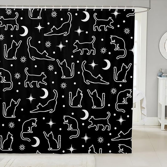 Manfei Cartoon Cats Silhouettes Kids Shower Curtains,Sun Moon Starry Sky Boho Bathroom Curtains for Girls Boys,Cute Cats Abstract Black White Fashion Waterproof Curtains,12 Hooks Suits,72" W x 72" L