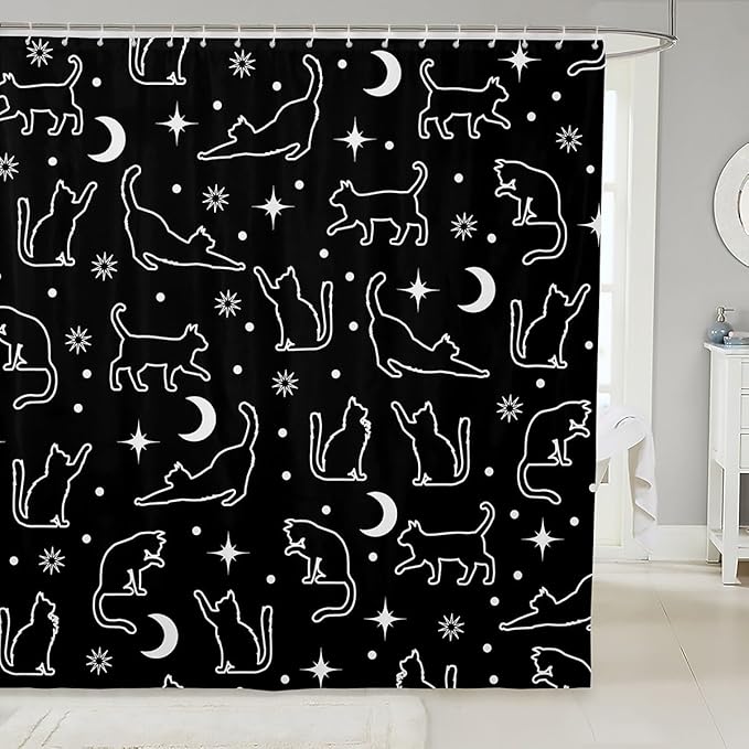 Manfei Cartoon Cats Silhouettes Kids Shower Curtains,Sun Moon Starry Sky Boho Bathroom Curtains for Girls Boys,Cute Cats Abstract Black White Fashion Waterproof Curtains,12 Hooks Suits,72" W x 84" L