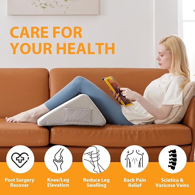 Knee Wedge Pillow, 8"Wedge Pillow for Knee Pain Relief, Premium Memory Foam Knee Pillow for Back Sleeping, Triangle Wedge Pillow for Leg Elevation, Back Pain, Sciatica, Hip Support, White/Grey