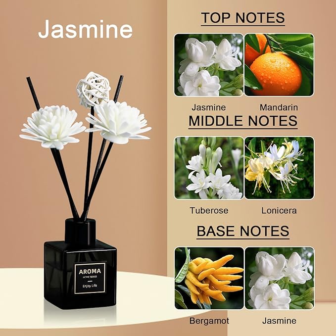 Reed Diffuser Set of 3, Jasmine Scented Oil Diffuser with 15 Sticks,(50ml) x 3 Aromatherapy Oil Reed Diffuser for Home Bedroom Bathroom Air Freshener
