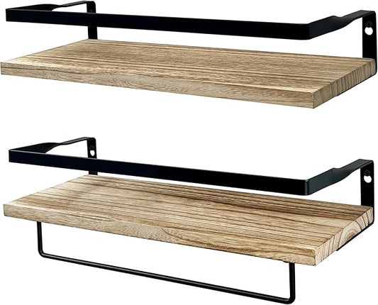 Wood Floating Shelves for Wall,Set of 2 Hanging Shelves with Towel Bar,Decorative Wall Shelves for Bedroom,Living Room,Bathroom,Kitchen