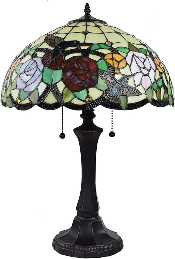 Amora Tiffany Style Table Nightstand Banker Lamp 22" Tall Stained Glass Red Green Yellow Floral Hummingbird Antique Vintage Light Decor Living Room Bedroom Desk Handmade Gift Lighting, Multicolor