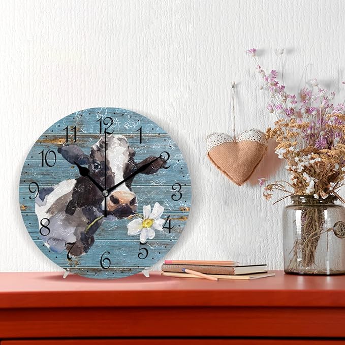 ALAZA Farmhouse Cow Wall Clock 10 Inch Battery Operated Silent Non Ticking Rustic Clock Home Decor for Kitchen, Living Room, Bedroom, Office