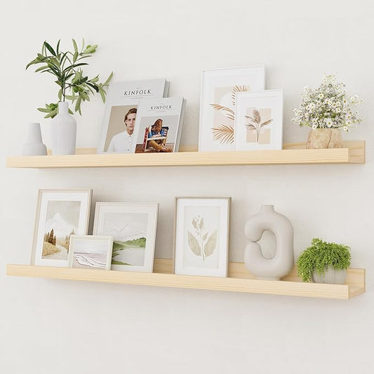 Picture Ledge Shelf, Solid Pine Wood Rustic Floating Shelves for Wall, 36 Inch Long Floating Shelves with Lip for Bedroom Kitchen Living Room Nursery Display, Set of 2 (Natural)