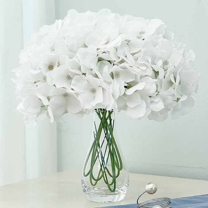 Artificial Hydrangea Flowers Pure White Heads 10 Fake Hydrangea Silk Flowers for Wedding Centerpieces Bouquets DIY Floral Decor Home Decoration with Stems.