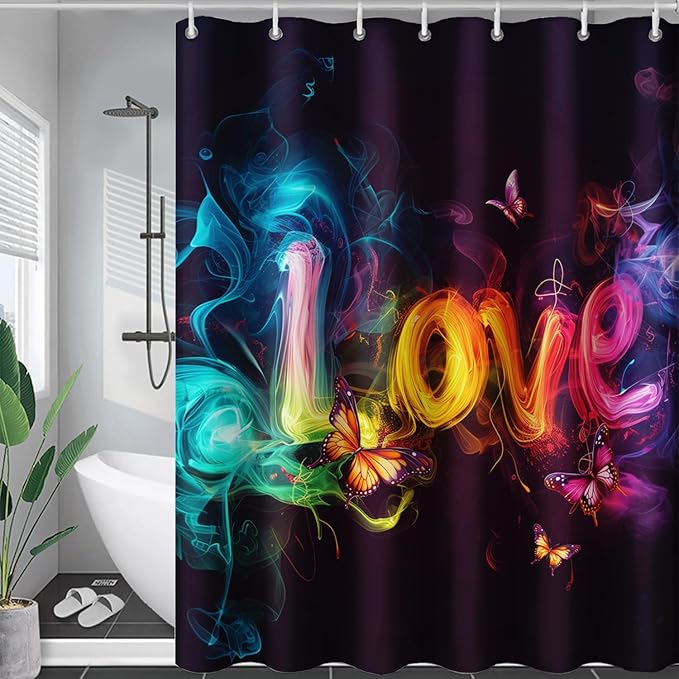AILONEN Love Theme Shower Curtain for Bathroom,Romantic Smoky Butterfly Bath Curtain,Gradient Love Shabby Chic Print Black Shower Curtain with 12 Plastic Hooks,Waterproof 36" W*72" H