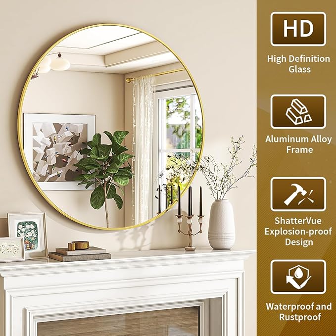 Gold Round Mirror, 42 Inch Bathroom Mirror with Metal Frame, Wall Wall-Mounted for Entryway, Bathroom, Vanity, Living Room