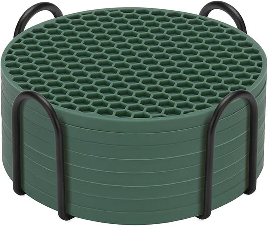 Silicone Coasters Set of 8 with Holder,Coasters for Drinks,Beer,Coffee Coasters,Suitable for Kinds Cups,Hot or Cold,Anti-SLI,Non-Stick,Anti-Overflow Tabletop Protection and Decor (8 Pcs, Green)