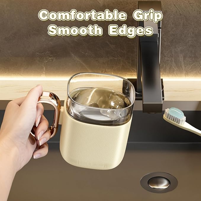 Mouthwash Cups with Hollow Out Handle, Toothbrush Holders, Mug for Mouth-Rinsing, Toothbrush Cups, Plastic Toothbrush and Toothpaste Organizer for Bathroom (Brown)