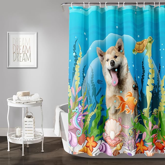 AILONEN Cute Dog Shower Curtain for Boys Girls, Pet Puppy Dog Lover Shower Curtain, 48" W*72" H Waterproof Animal Turtle Fish Ocean Themed Shower Curtain Decor Bathroom with Grommets and Hooks
