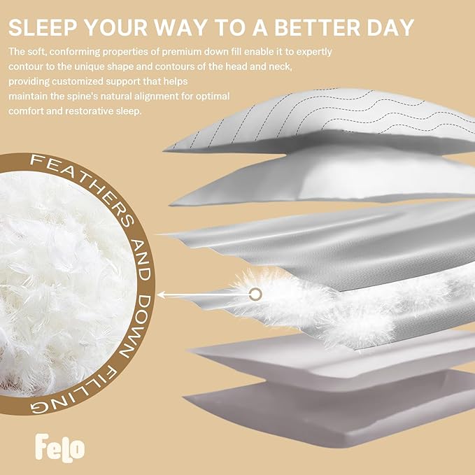 felo Feather Down Pillows King Size Set of 4, Goose Pillow for Sleeping, Luxury Hotel Collection Bed Pillow, Support Pillow for Side Back Pain Sleepers, 100% Organic Cotton (20" x 36")