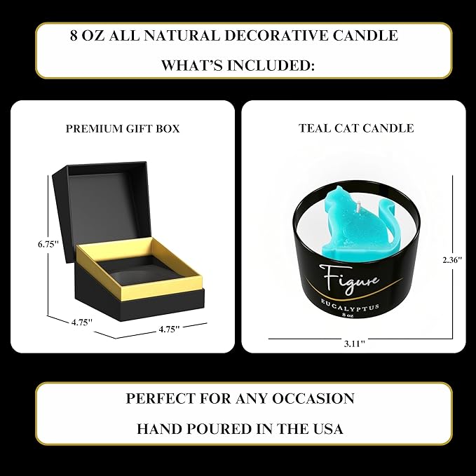 All Natural Scented Candle for Cat Lovers | Hand-Poured | Beeswax & Organic Soy Wax Blend | 100% Beeswax Wick | Cat Mom's | Cat Birthday | Premium Gift Box Included | Teal Cat - Eucalyptus