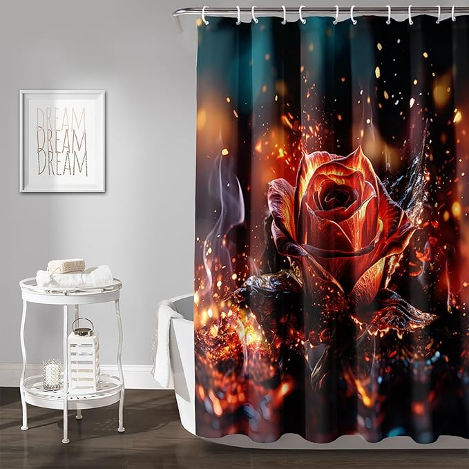 AILONEN 3D Rose Shower Curtain for Bathroom, Romantic Flame Smoky Rose Flower Bath Curtain,Burning Rose Shower Curtain Decoration Waterproof with 12 Plastic Hooks, 48" W*72" H