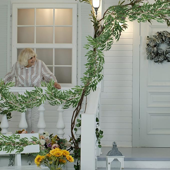 RECUTMS Artificial Willow Leaves Vine Twigs 2Pcs 5.7Ft Fake Hanging Ivy Plants Silk Green Leaf Rattan Garland Greenery Decor for Indoor Outdoor Home Wedding Arch Jungle Beach Birthday Party Garden