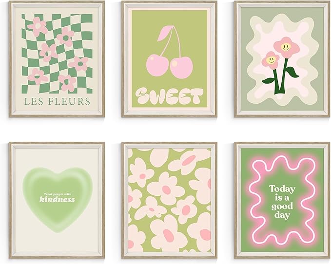 Habseligkeit Green Danish Pastel Wall Decor for Girls Dorm, Aesthetic Cute Room Decor, Preppy Wall Art Prints for Room Decor Aesthetic Framed, 8x10in, Set of 6