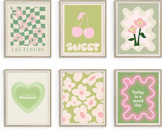 Habseligkeit Green Danish Pastel Wall Decor for Girls Dorm, Aesthetic Cute Room Decor, Preppy Wall Art Prints for Room Decor Aesthetic Framed, 8x10in, Set of 6