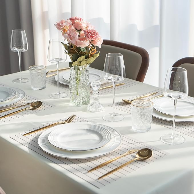 Placemats Set of 12 Vinyl/Plastic Woven Place Mats for Kitchen Table Indoor/Outdoor Washable Placemat Wipeable Dining Table Mats (White Stripes,12)