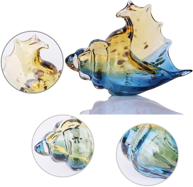 DOVDOV Hand Blown Glass Conch Statues, Blue and Amber Glass Art Figurines, Conch Shells for Coastal Home Decor, Living Room TV Stand and Bookcase Decor, Bathroom Shelf Tops and Cabinet Decor.