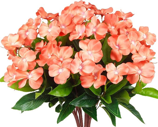 4 Pcs Artificial Flowers Outdoor Impatiens UV Resistant Fake Silk Impatiens Flowers Orange Faux Flowers Impatiens Bushes Artificial Impatiens for Outdoor Planter Pot Hanging Basket Porch Decor